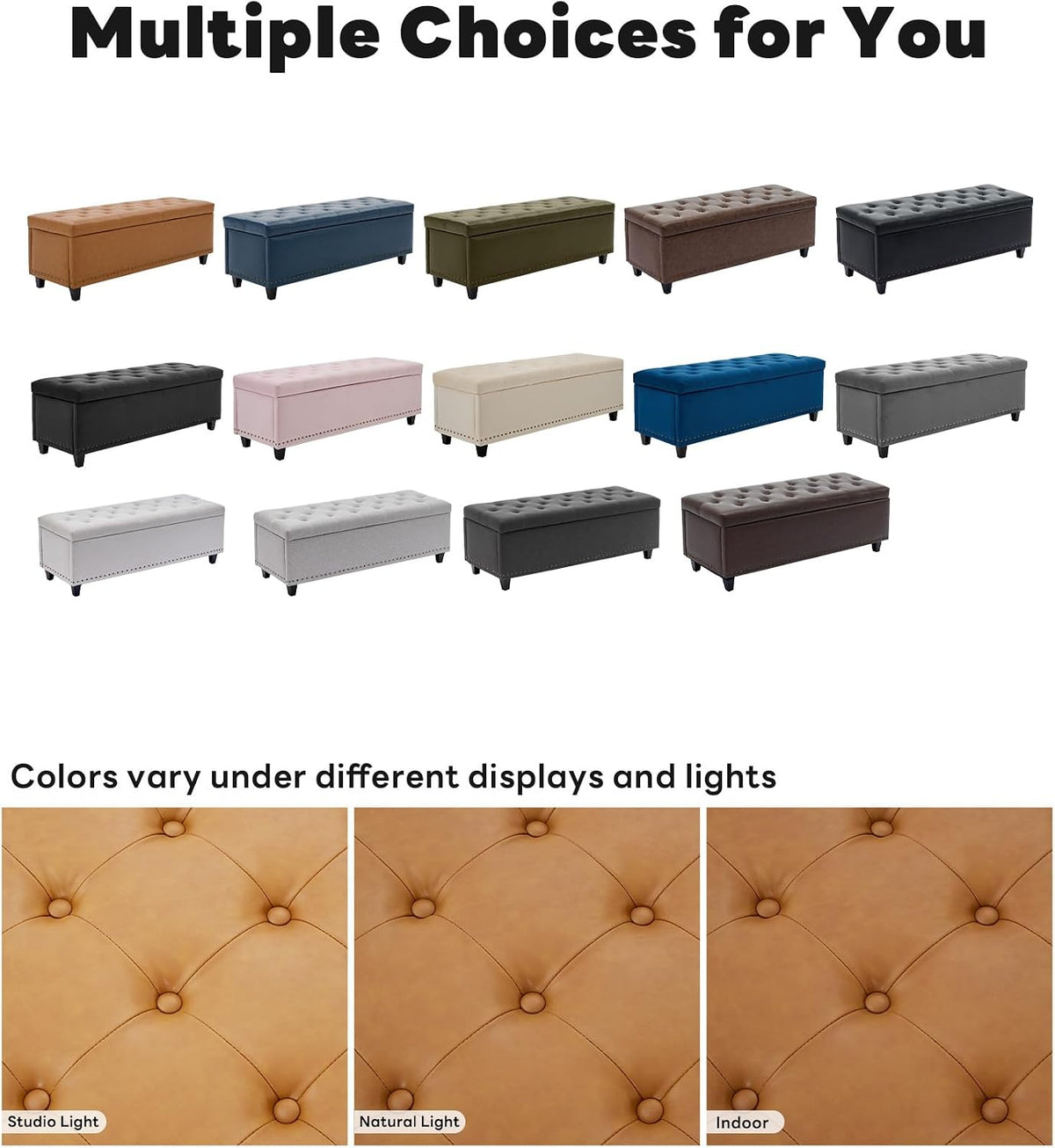 Tbfit 50.8" Ottoman with Storage, Button‑Tufted Bench with Safety Hinge and Rivets, Large End‑of‑Bed Storage Ottoman Bench for Bedroom, Living Room, Entryway, Camel PU