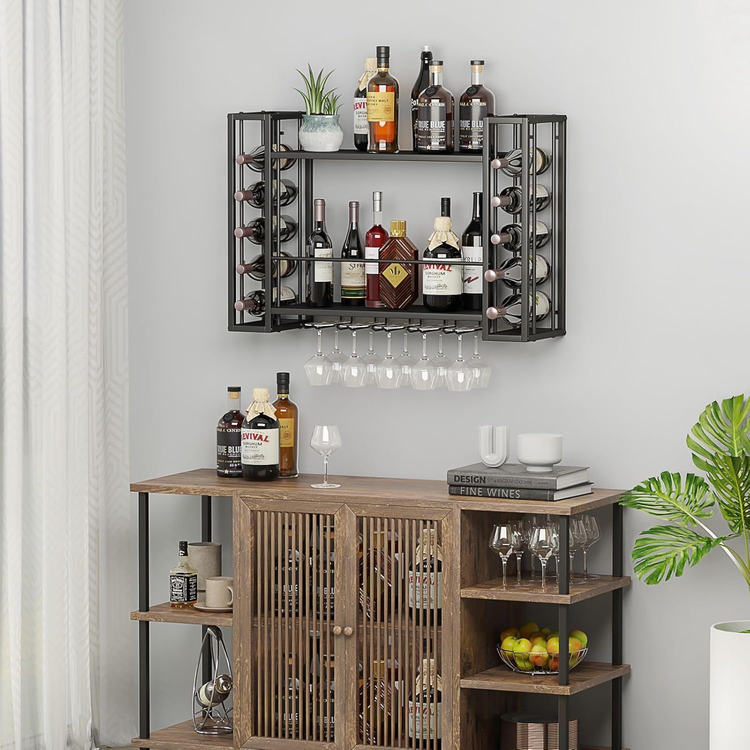 Wall Mounted Wine Rack with Glass Holder, 40" W x 9.8" D x 21.6" H | Hanging Floating Bar Liquor Shelves, Metal Bottle Holder Wine Storage Display Shelf for Home Bar Dining Room Kitchen