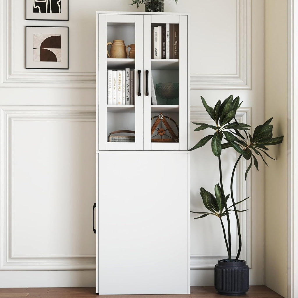 KEIKI 70.87" H Kitchen Pantry Storage Cabinet with Pull-Out Shelf, Glass Doors, Tall Modern Wooden Display Cabinet, Bookshelf, Bookcase, Food Pantries for Dining Room, Living Room Home Office, White