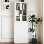 KEIKI 70.87" H Kitchen Pantry Storage Cabinet with Pull-Out Shelf, Glass Doors, Tall Modern Wooden Display Cabinet, Bookshelf, Bookcase, Food Pantries for Dining Room, Living Room Home Office, White