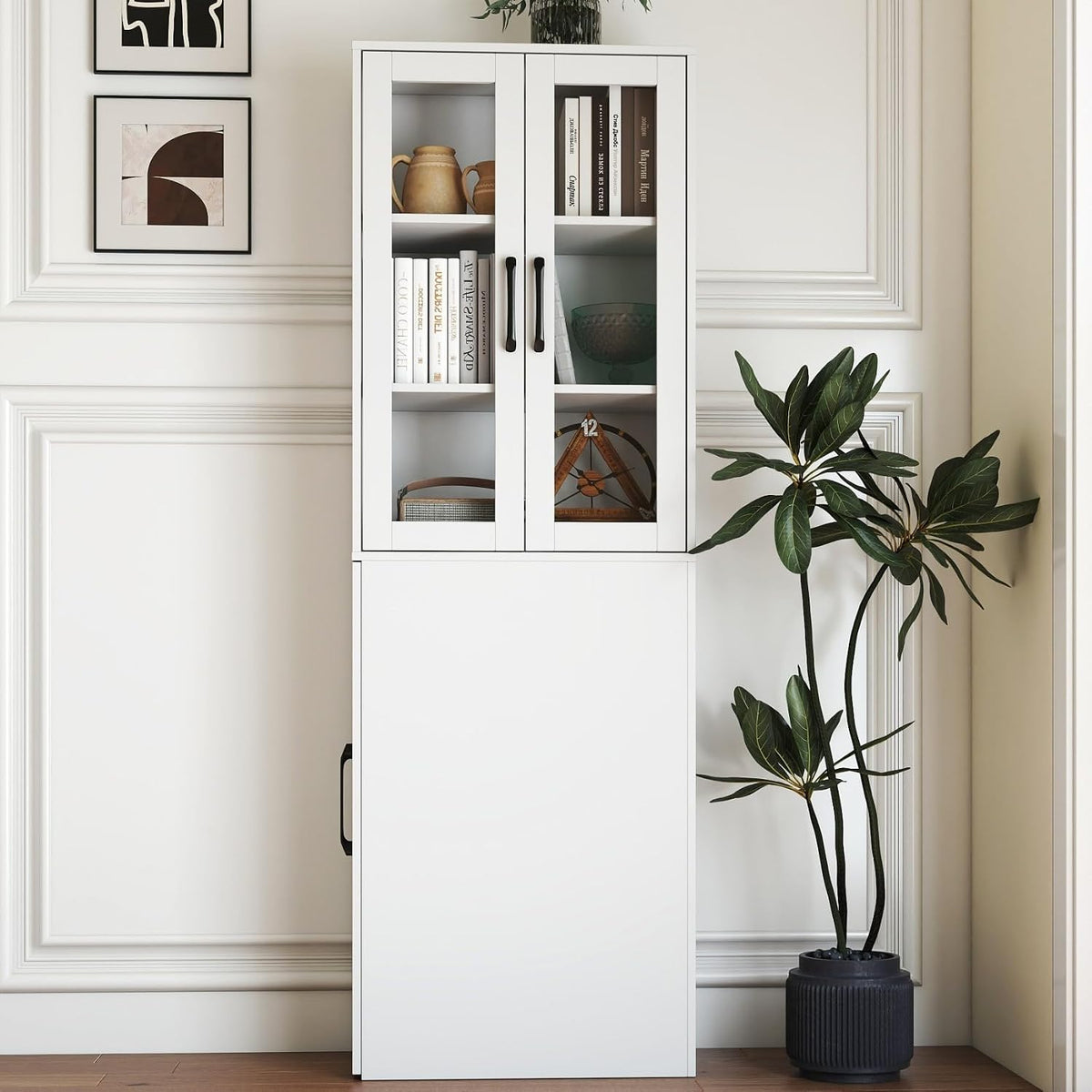 KEIKI 70.87" H Kitchen Pantry Storage Cabinet with Pull-Out Shelf, Glass Doors, Tall Modern Wooden Display Cabinet, Bookshelf, Bookcase, Food Pantries for Dining Room, Living Room Home Office, White