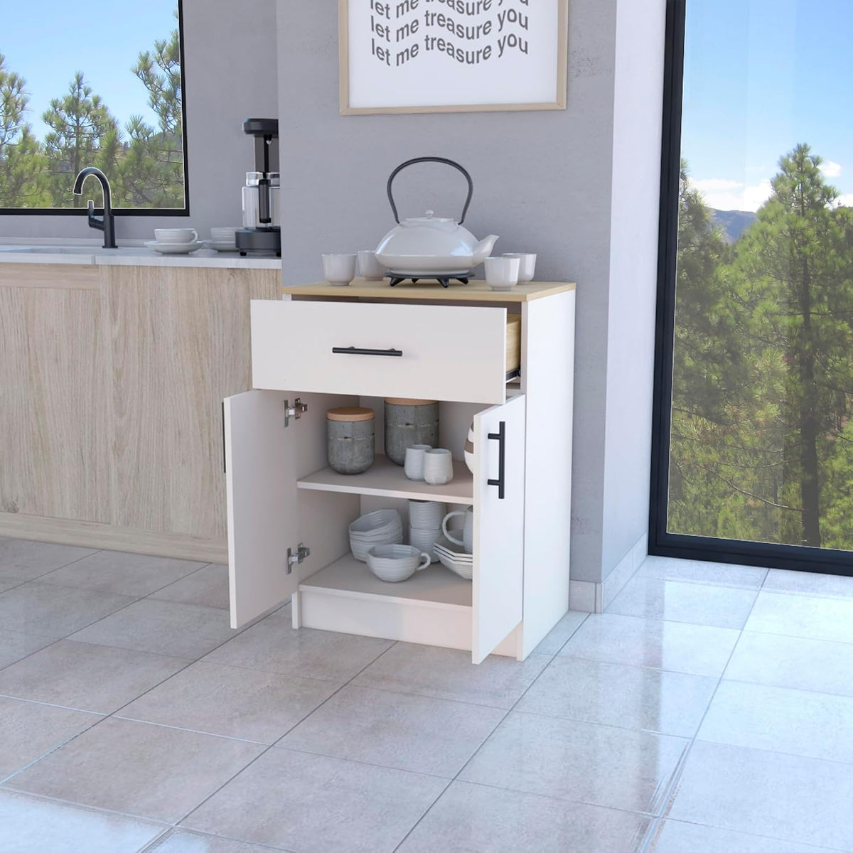 Kitchen Pantry with 2 Doors and 1 Drawer, Melamine and Particleboard | Measures 23.6 inches width, 33.5 inches hight, and 15.9 inches depth