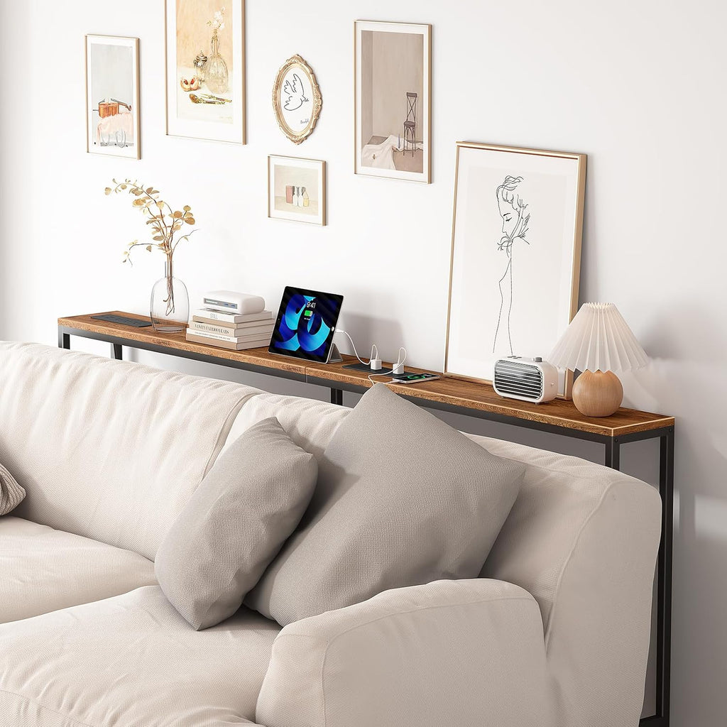 Bathola 71'' Behind Couch Table with 2 Outlets, Sofa Tables Narrow Long | 5.9" Wide Console Table Behind Couch with 6 AC & 4 USB, Wood Couch Table Behind Sofa for Living Room, Bedroom, Hallway, Brown