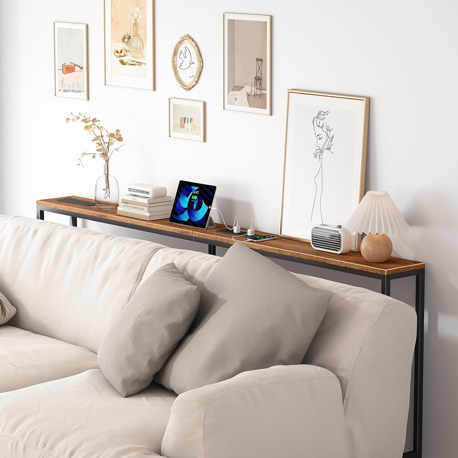 Bathola 71'' Behind Couch Table with 2 Outlets, Sofa Tables Narrow Long | 5.9" Wide Console Table Behind Couch with 6 AC & 4 USB, Wood Couch Table Behind Sofa for Living Room, Bedroom, Hallway, Brown