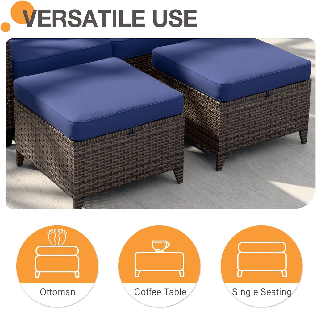 COOS BAY Harbor Retreat Wicker Outdoor Ottomans Set of 2, Patio Footrests with Removable Cushions for Couch, Deck, Backyard & Poolside, Brown/Blue