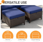 COOS BAY Harbor Retreat Wicker Outdoor Ottomans Set of 2, Patio Footrests with Removable Cushions for Couch, Deck, Backyard & Poolside, Brown/Blue
