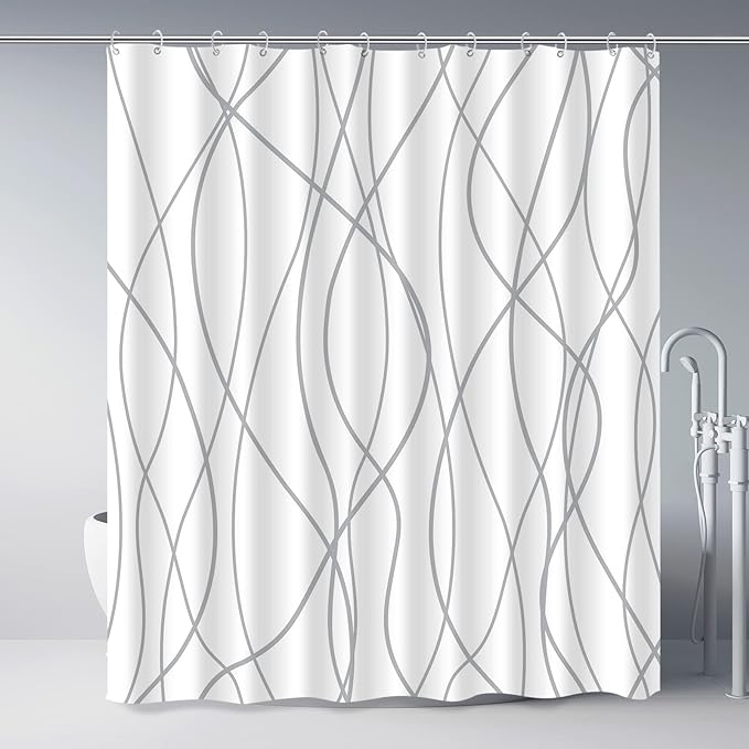 Punkray Grey and White Striped Polyester Shower Curtain for Bathroom with Hooks, Curtains 72 Inches Long, Weighted Hem, Waterproof Bath Accessories Hotel Style - Machine Washable