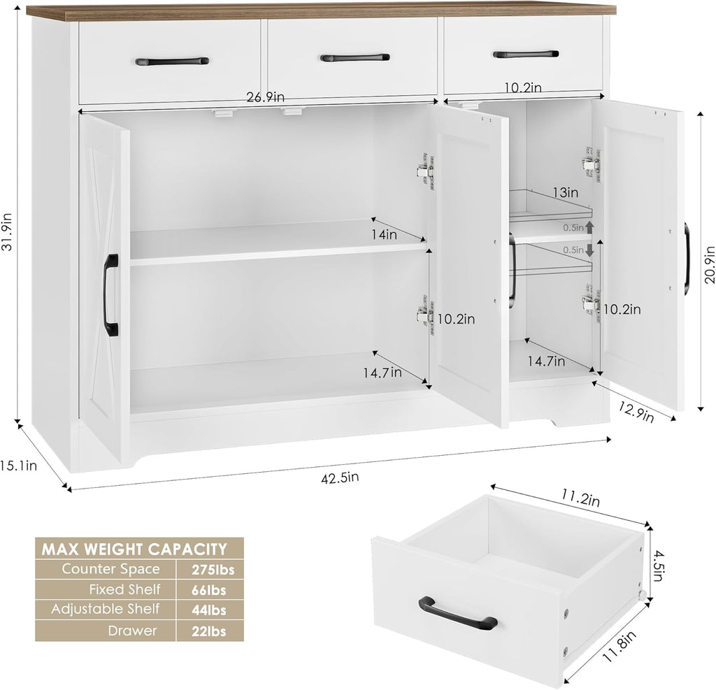 HOSTACK Kitchen Buffet Cabinet with Storage, Sideboard Coffee Bar, White | Farmhouse Kitchen Storage Cabinet with 3 Drawers & Adjustable Shelf, 42.5"W Buffet Table for Dining Living Room
