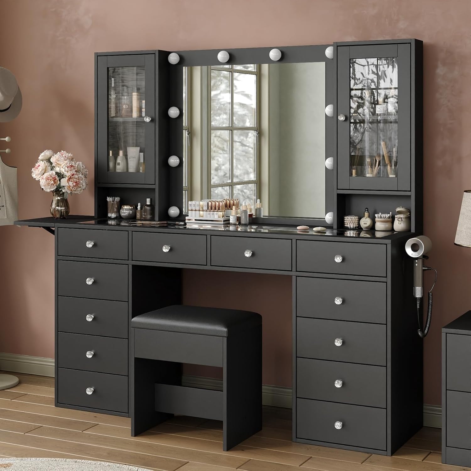 Yanosaku 55''W Makeup Vanity Desk with Mirror and Lights, 12 Drawers, Black | 3 Lighting Modes, Power Outlet, Glass Top, 2 Cabinets, Fold-up Panel, Vanity Stool Included, Fits Bedroom Dressing Room