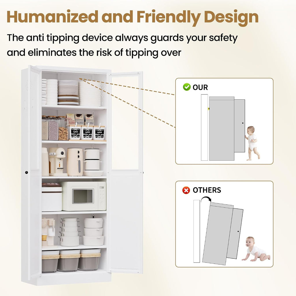 Kitchen Pantry Storage Cabinet, 72" H Storage Cabinet with Doors and Adjustable Shelves, Spacious Cupboard with 2 Handles, Metal Kitchen Cabinet for Dining Room, Living Room, White