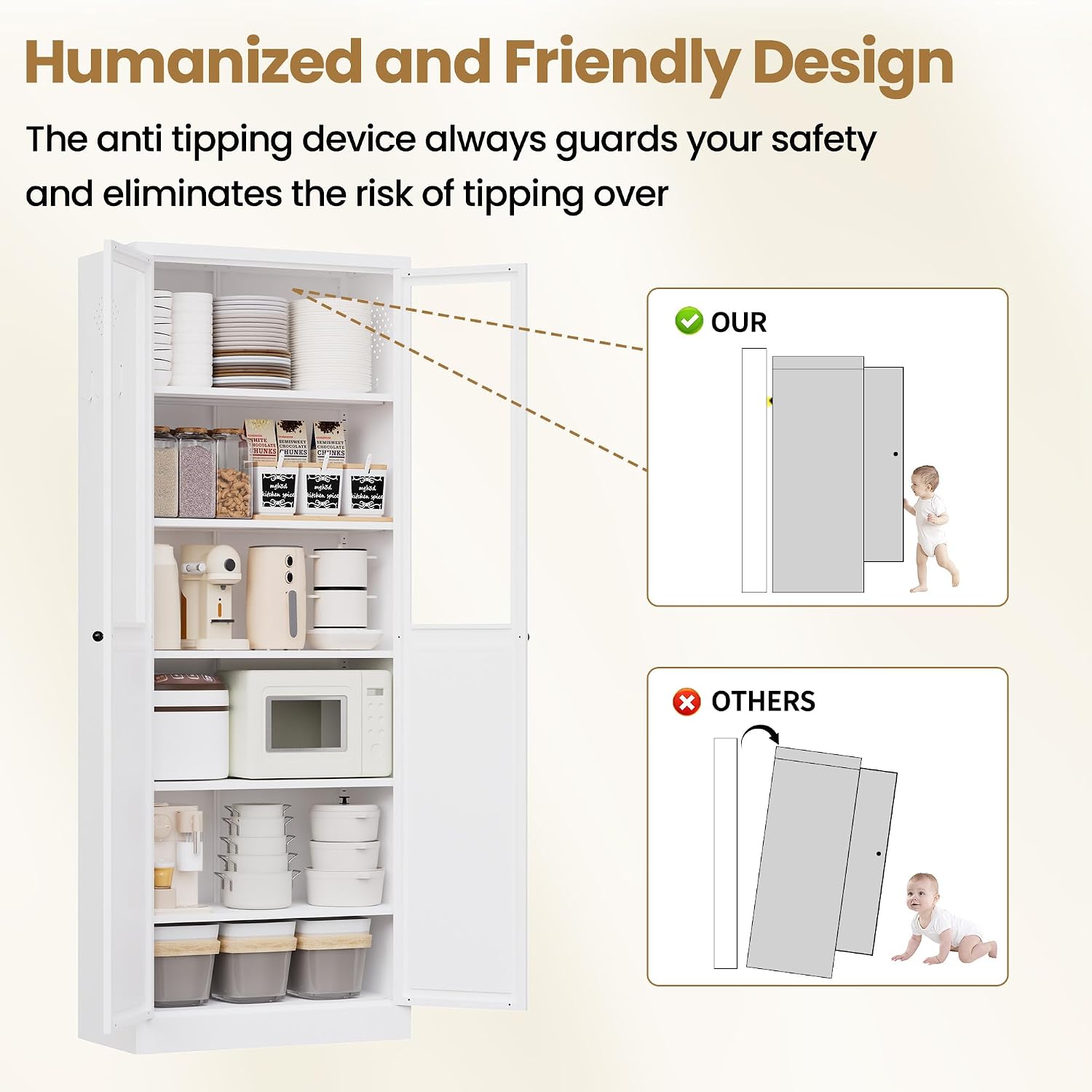 Kitchen Pantry Storage Cabinet, 72" H Storage Cabinet with Doors and Adjustable Shelves, Spacious Cupboard with 2 Handles, Metal Kitchen Cabinet for Dining Room, Living Room, White