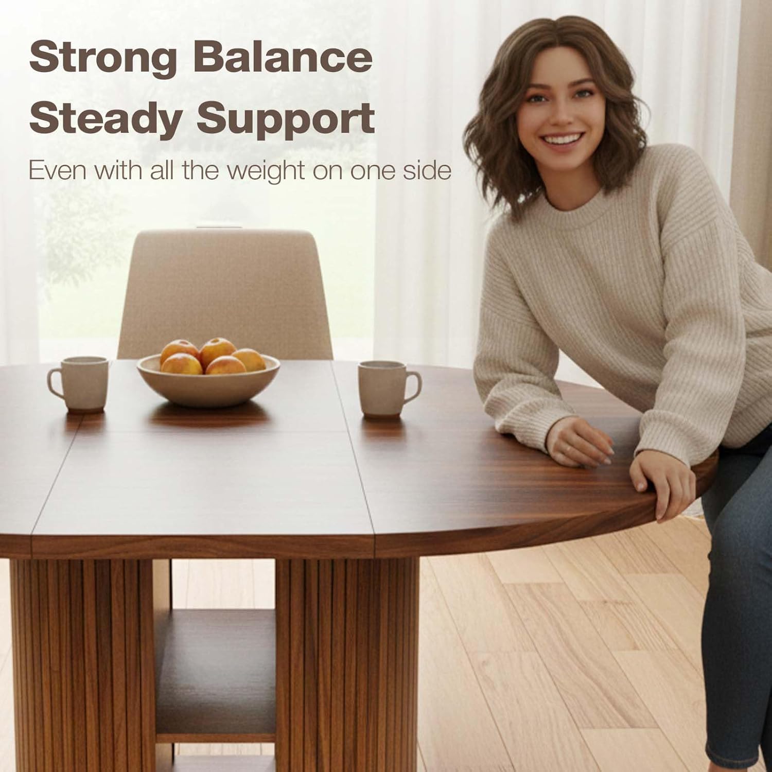 43.3''–59'' Extendable Round Dining Table for 4–8, Modern Wood Oval Kitchen Table with Storage Shelf, Space-Saving Expandable Circle Dinner Table for Dining Room or Living Room (Walnut)