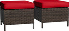 Outdoor Ottomans Set of 2 with Weather-Resistant & Thickened Cushions, PE Rattan Patio Conversation Set for Deck, Porch, Sunroom (Red)