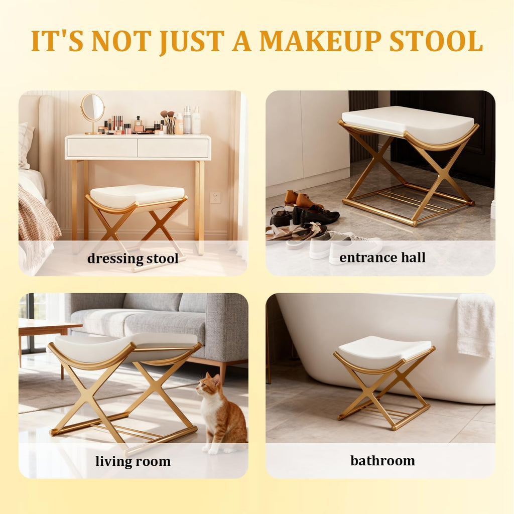 Vanity Stool No Assembly Required - Modern Makeup Chair with Champagne Gold X-Frame, Microfiber leatherCushioned Seat for Bedroom, Bathroom - Off-White Small Ottoman Bench