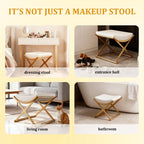 Vanity Stool No Assembly Required - Modern Makeup Chair with Champagne Gold X-Frame, Microfiber leatherCushioned Seat for Bedroom, Bathroom - Off-White Small Ottoman Bench