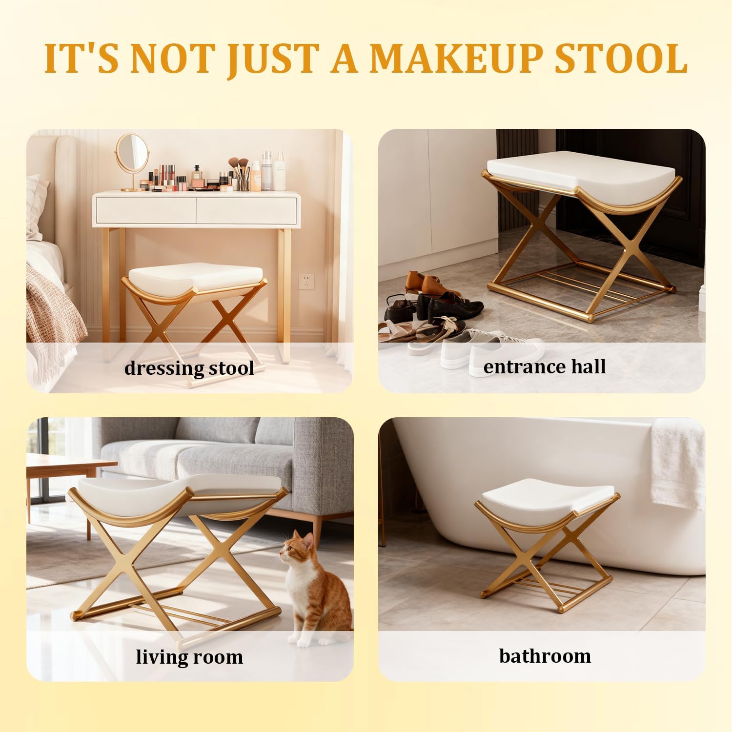 Vanity Stool No Assembly Required - Modern Makeup Chair with Champagne Gold X-Frame, Microfiber leatherCushioned Seat for Bedroom, Bathroom - Off-White Small Ottoman Bench