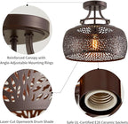 WUZUPS Chandelier Rustic Farmhouse Industrial Round Semi-flushmount Ceiling LED Light Fixture with Later-Cut Openwork Drum Shade, H 11.8" x W 13.4", Oil Rubbed Bronze