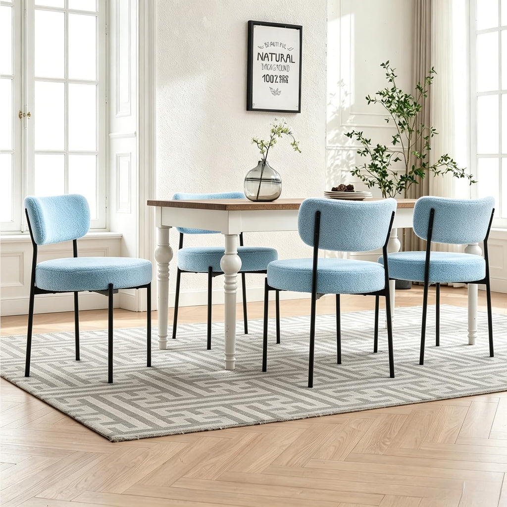 Blue Boucle Dining Chairs Set of 2, Mid Century Modern Dining Room Chair with Curved Backrest & Metal Legs, Round Upholstered Dining Chairs for Kitchen, Living Room