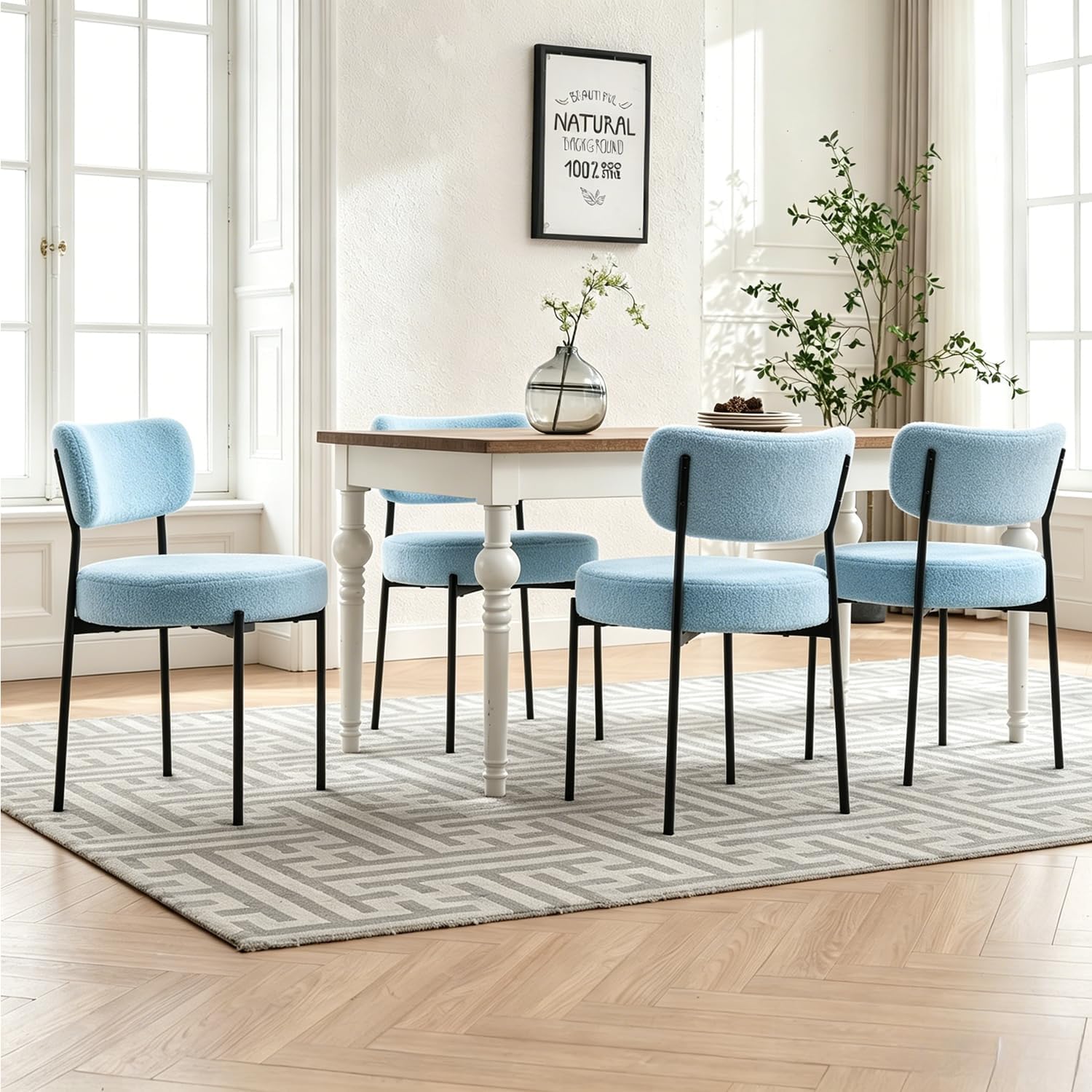 Blue Boucle Dining Chairs Set of 2, Mid Century Modern Dining Room Chair with Curved Backrest & Metal Legs, Round Upholstered Dining Chairs for Kitchen, Living Room