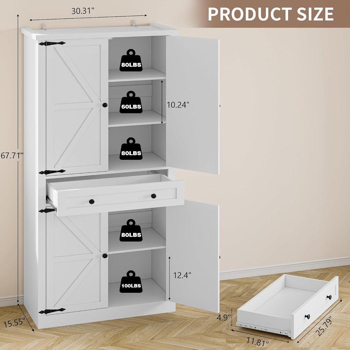 BORNOON Pantry Organizers and Storage Cabinet, 67.7” Barn Door White Kitchen Cabinet with Drawers and Adjustable Shelf, Tall Pantry for Kitchen, Dining Room, Living Room