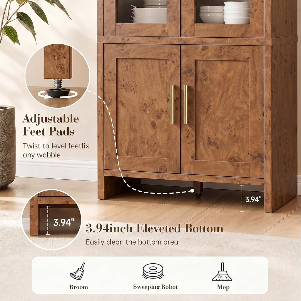 77" Tall Kitchen Pantry Cabinet,Thickened Panel,Dark Burl,1Pcs | Wooden Curved Storage Cabinets with Adjustable Shelf, Cupboard with Glass Door for Dining Room, Living Room, Bathroom