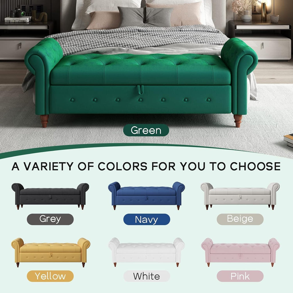 NIOIIKIT 63'' Storage Ottoman Bench Tufted Entryway Bench Dark Green Velvet | Button Tufted End of Bed, Large Storage Space, Rolled Armed Ottoman Couch Long Bench for Bedroom, Living Room, Hallway