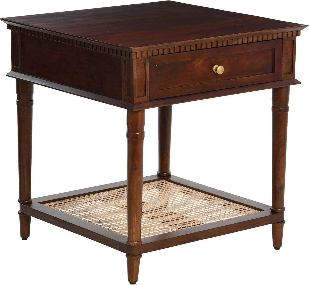 Creative Co-Op Maxwelton Solid Wood End Table with Drawer and Woven Cane Storage Shelf, Dark Chestnut and Natural