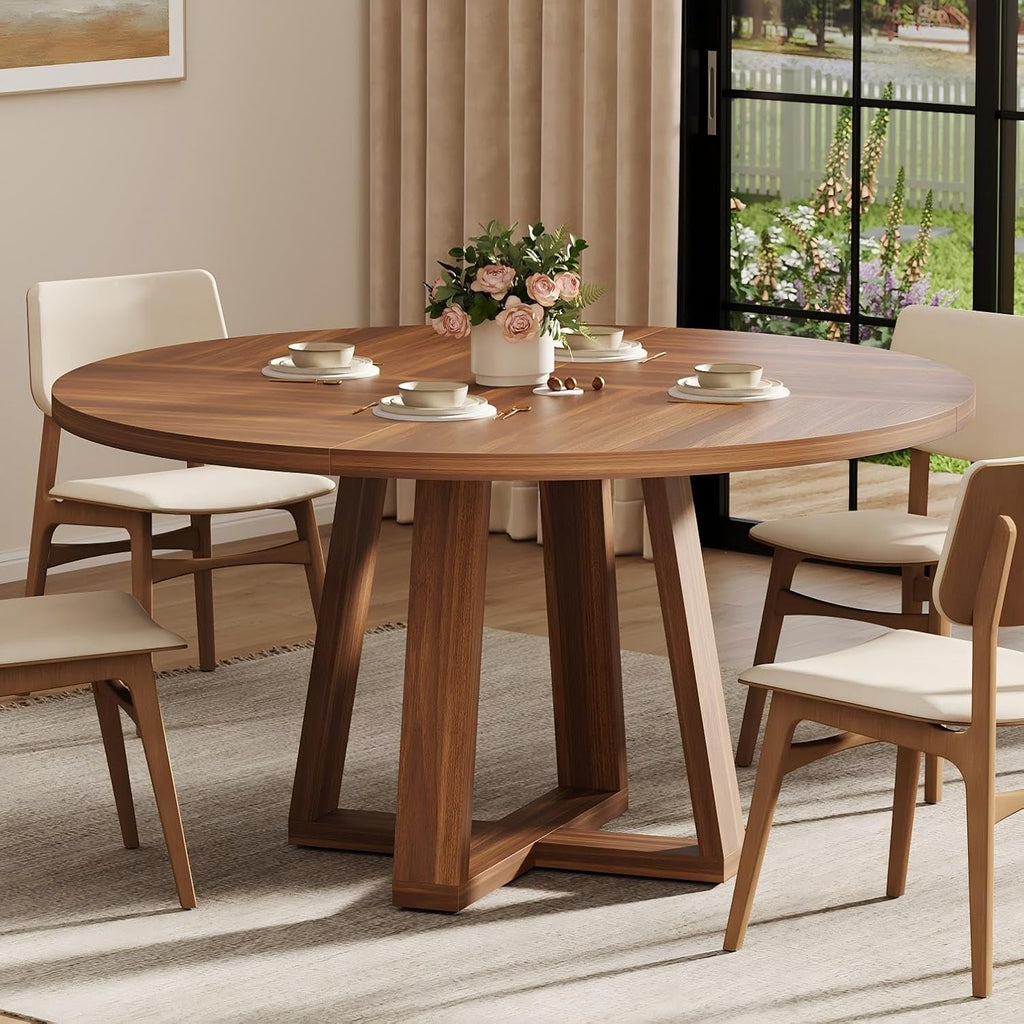 Garvee 47" Round Dining Table, Walnut Brown | For 4-6 People, Modern Circle Design, Wooden Cross Pedestal Base, For Living Room, Kitchen
