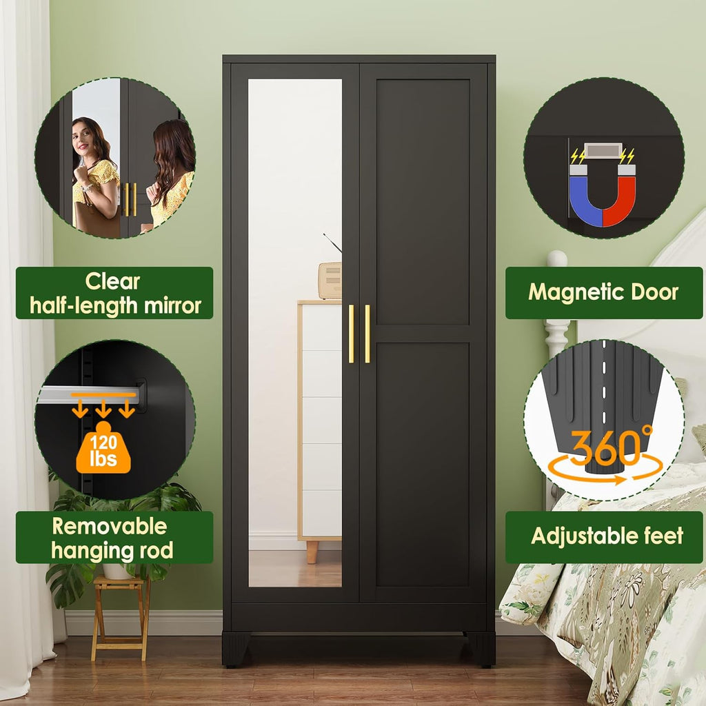 Metal Armoire Wardrobe Closet, 71" Clothing Storage Cabinet with Mirror