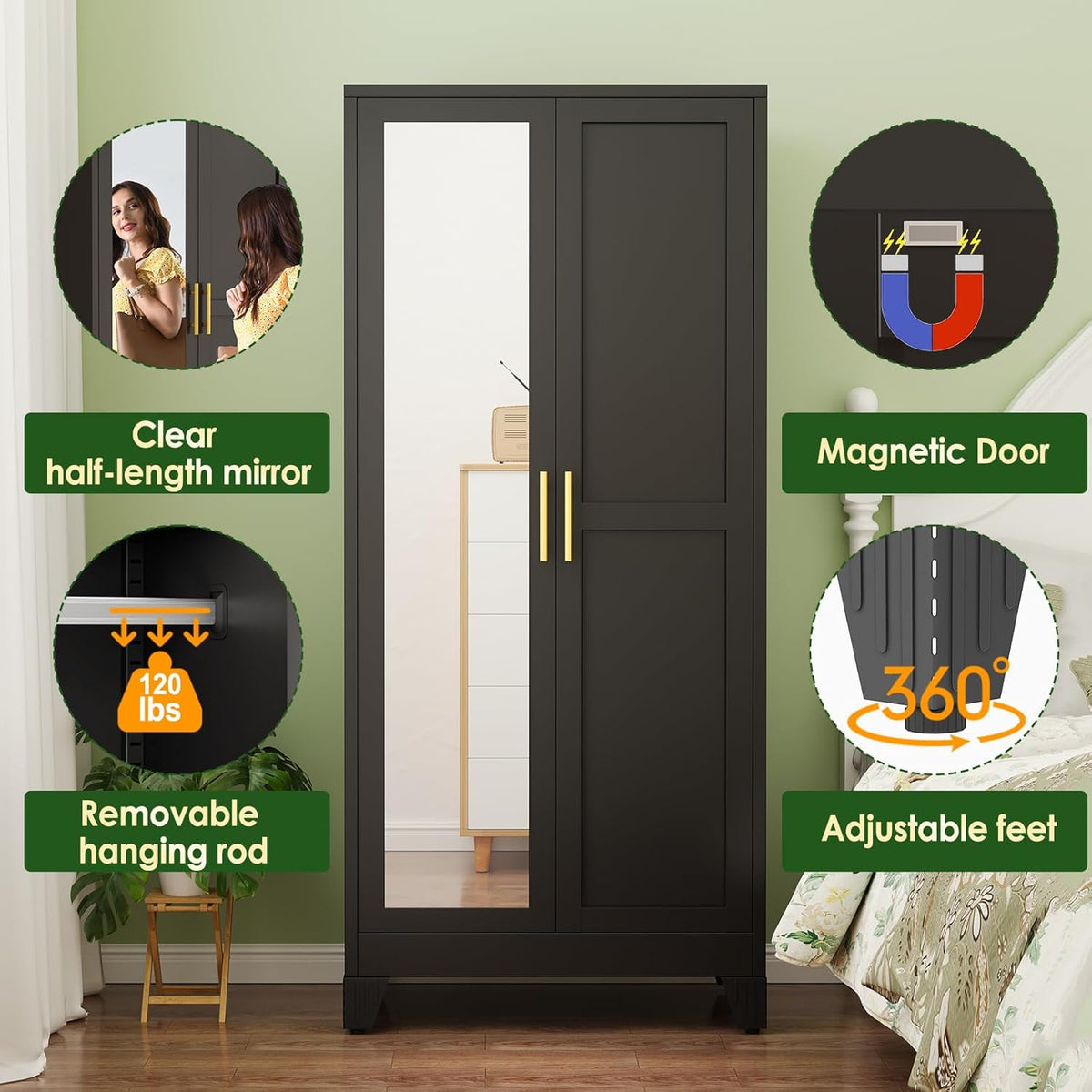 Metal Armoire Wardrobe Closet, 71" Clothing Storage Cabinet with Mirror
