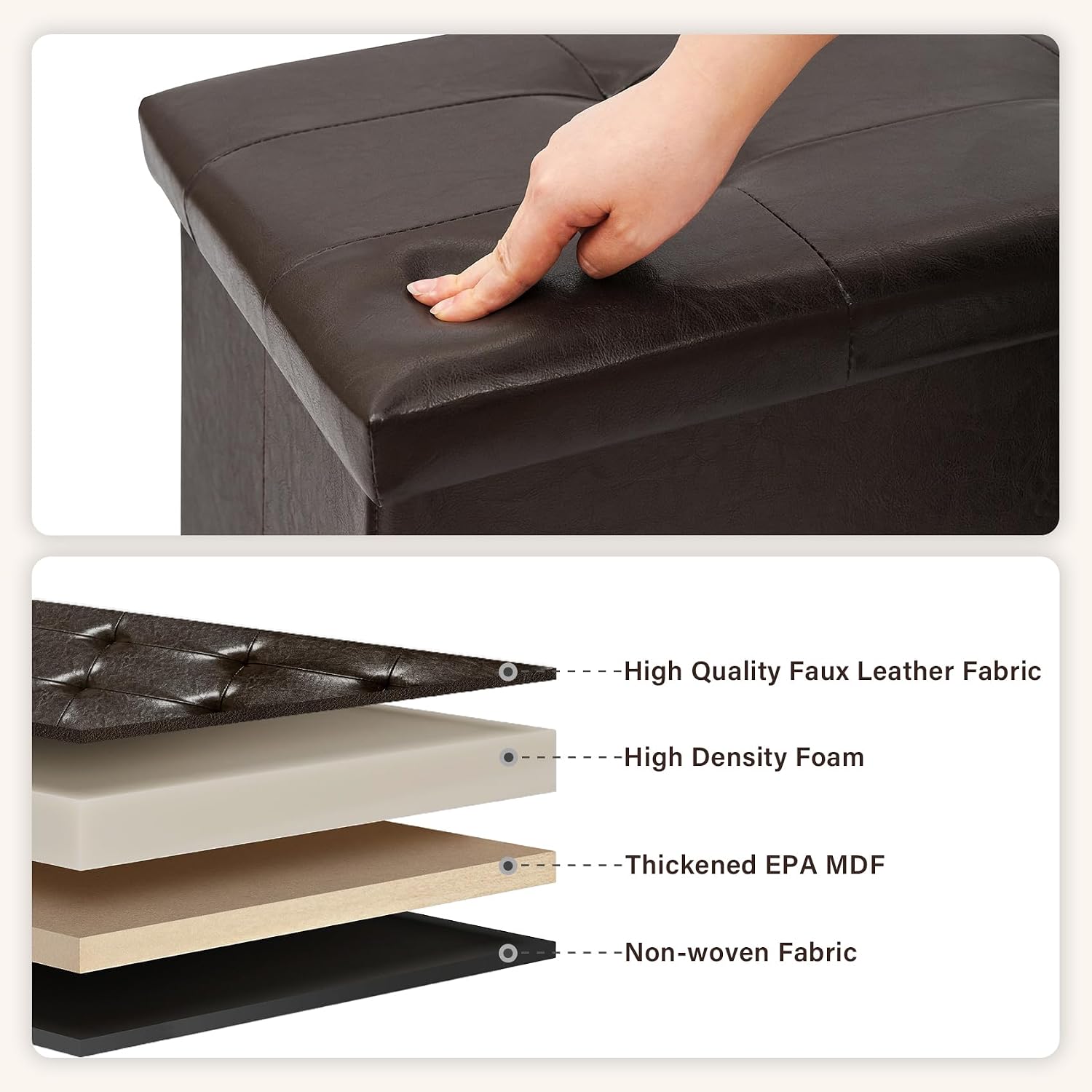 PINPLUS Folding Storage Ottoman Bench, Brown Faux Leather | Storage Chest with Comfortable Seat, Footrest Stool and Bench for Bedroom, Hallway and Living Room, 43.3 Inch