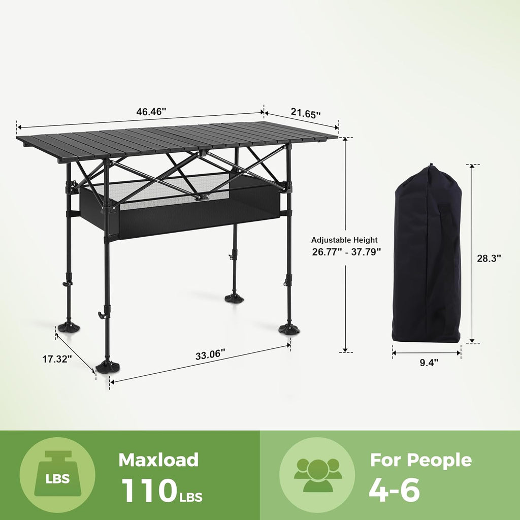 LET'S CAMP Folding Camping Table, Aluminum Roll-up Picnic Backpacking Table | Adjustable Height Camping Table Portable Picnic Dining Table Folding Card Table w/Handle Lightweight for Indoor Outdoor