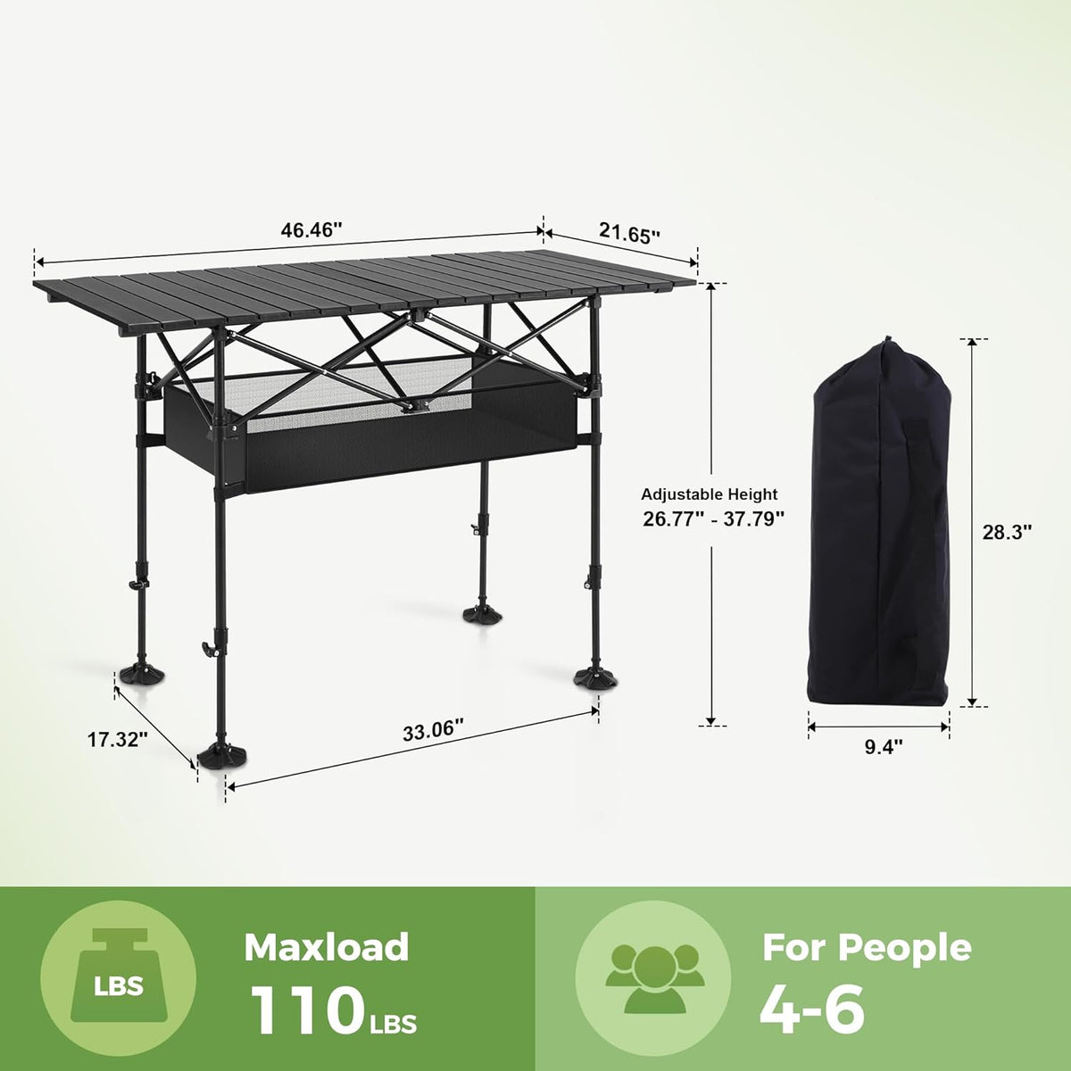 LET'S CAMP Folding Camping Table, Aluminum Roll-up Picnic Backpacking Table | Adjustable Height Camping Table Portable Picnic Dining Table Folding Card Table w/Handle Lightweight for Indoor Outdoor