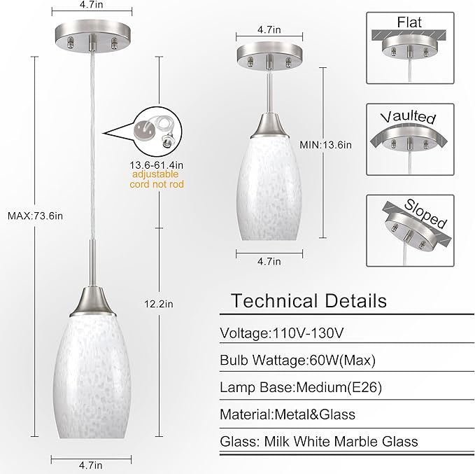 Mini Glass Pendant Light 4.72" with Handblown Milk White Marble Art Glass Hanging Light 1-Pack Oval Ceiling Hanging Light Fixture for Dining Room Kitchen Island Cafe Foyer Hallway
