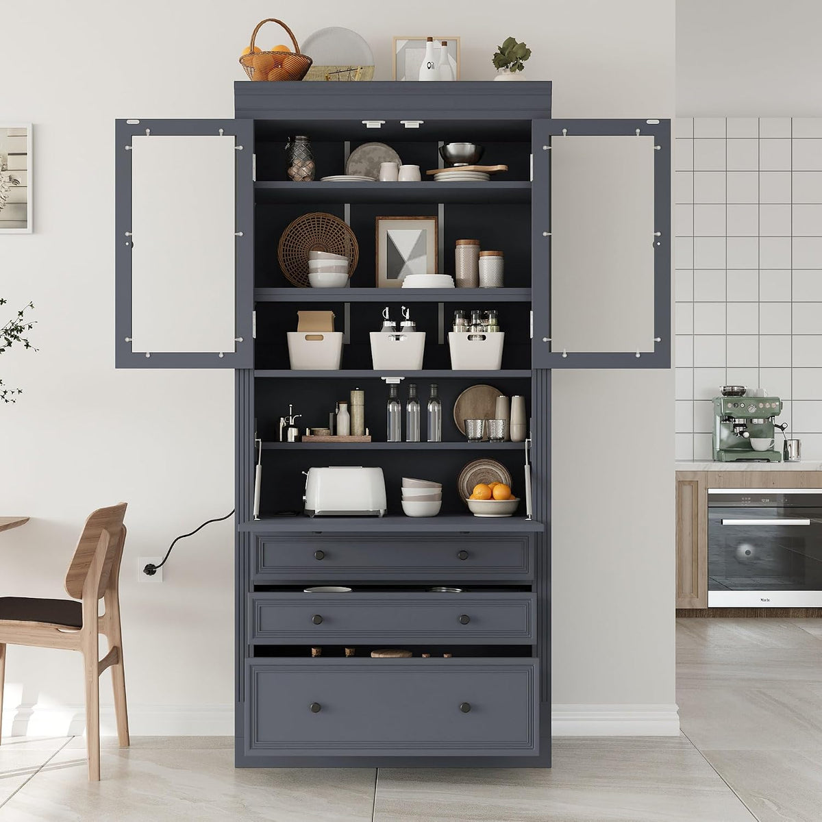 78" Tall Kitchen Pantry Cabinet, Freestanding Food Storage Pantry Cupboard with Power Outlet,3 Storage Compartments and Adjustable Shelves, Farmhouse Kitchen Hutch for Dining Room,Grey
