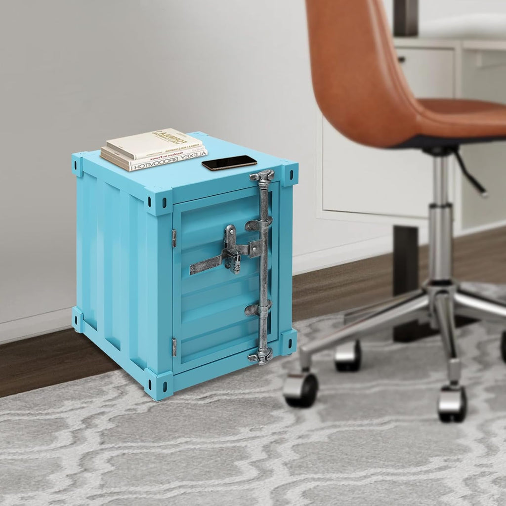 Side Table, Industrial Metal Container Cabinet,Wrought Iron Container Side Table with Concealed Storage for Bedroom, Living Room Bar (Blue)