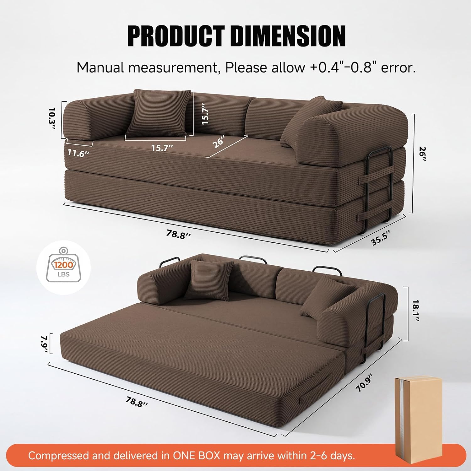 79" Convertible Futon Sofa Bed,6-in-1 Couches for Living Room | Corduroy Loveseat Sleeper Sofa, Modular Pull Out Couch with Pillows,Futon Sofa No Assembly, Brown