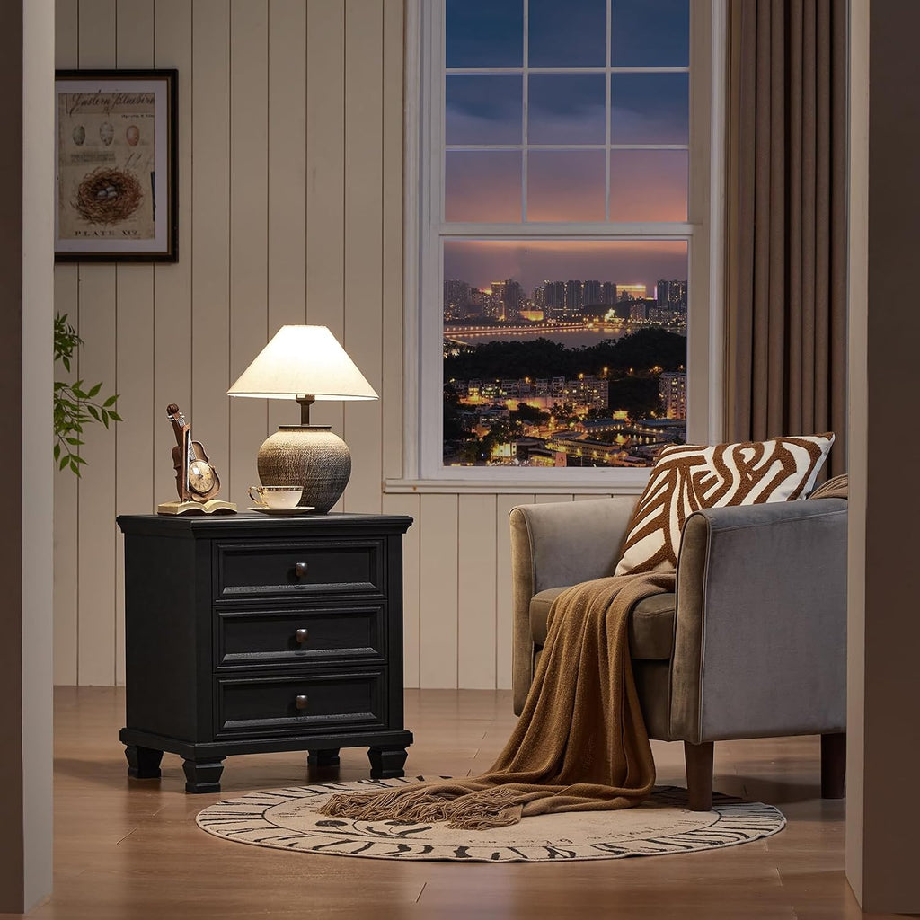 SAVOR LIFE 3-Drawer Nightstand Set of 2 with Solid Wood Legs, Black | Pair of three-drawer bedside tables with sturdy square wood legs for matching bedroom storage or living-room end tables