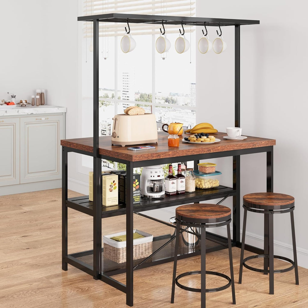 IDEALHOUSE 42" Kitchen Island with Storage & Seating - 3-Tier Bakers Rack, Microwave Stand with 5 Hooks, Multi-Function Island Table for Kitchens (42"×28"×72")