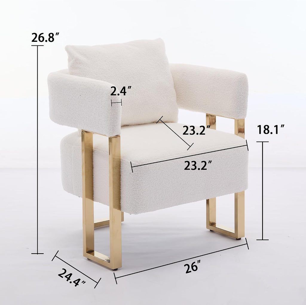 YITAI Modern Accent Chairs no Wheels, Living Room Side Chairs Set of 2 with Golden Metal Legs, Barrel Soft Teddyt Upholstered Reading Armchairs for OfficeReception RoomBedroomLounge,White