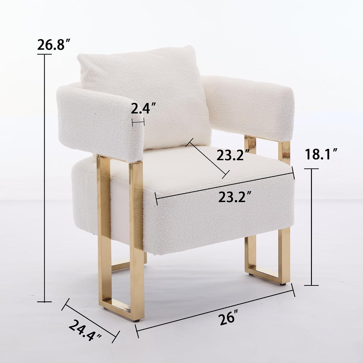 YITAI Modern Accent Chairs no Wheels, Living Room Side Chairs Set of 2 with Golden Metal Legs, Barrel Soft Teddyt Upholstered Reading Armchairs for OfficeReception RoomBedroomLounge,White