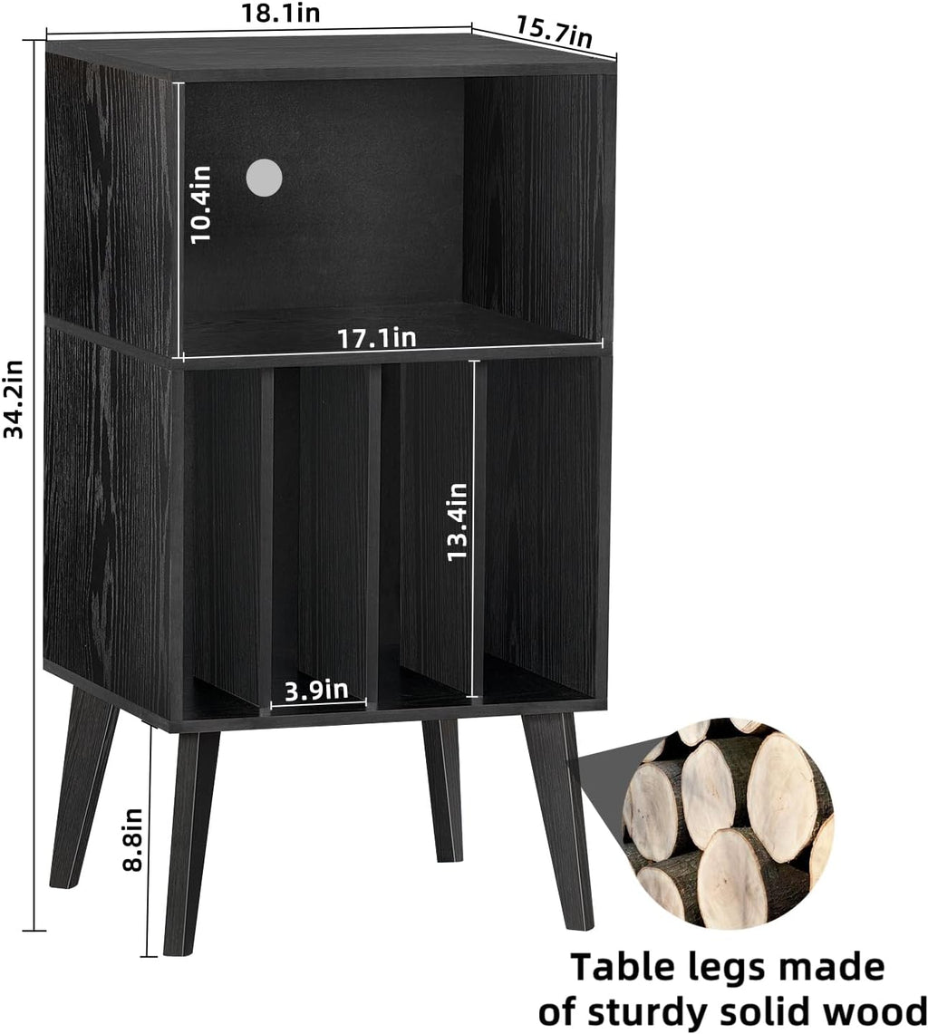Lerliuo Record Player Stand, Black Turntable Stand Holds up to 160 Albums | Mid-Century Vinyl Storage Cabinet Table,Solid Wood Legs, Record Player Holder Dispaly Shelf for Bedroom Living Room