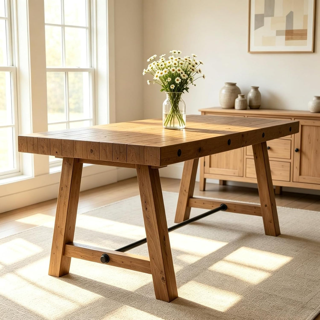 Rustic Dining Table for 4-6 People, 59" Farmhouse Rectangular Kitchen Table, Reclaimed Solid Wood Dining Room Table with Trestle Base for Kitchen/Dining Room, Home Office, Rustic Brown
