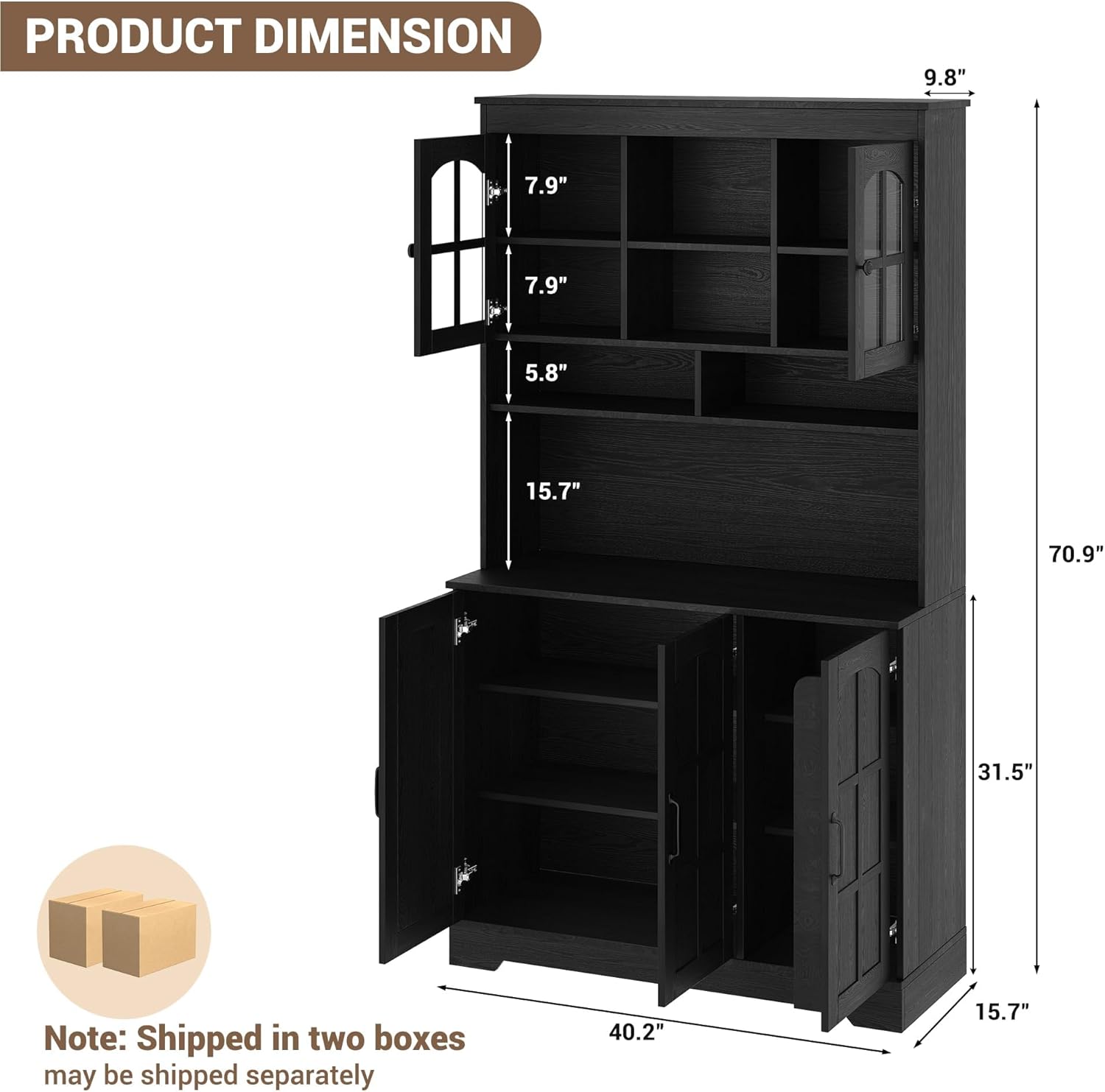Spacious Storage & Modern Design Pantry Cabinet with Hutch – 70.9'' Tall Kitchen Cabinet – Glass Doors, Built-in Charging Station – Ideal for Dining Room – Black Color