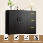pozdeg Buffet Sideboard Cabinet with Storage, 36.61" H Kitchen Storage Pantry Cabinet with 3 Drawers, Metal Cupboard Coffee Bar Station Table for Kitchen, Living Room, Dining Room (Black)