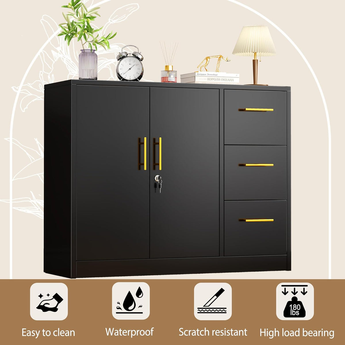 pozdeg Buffet Sideboard Cabinet with Storage, 36.61" H Kitchen Storage Pantry Cabinet with 3 Drawers, Metal Cupboard Coffee Bar Station Table for Kitchen, Living Room, Dining Room (Black)