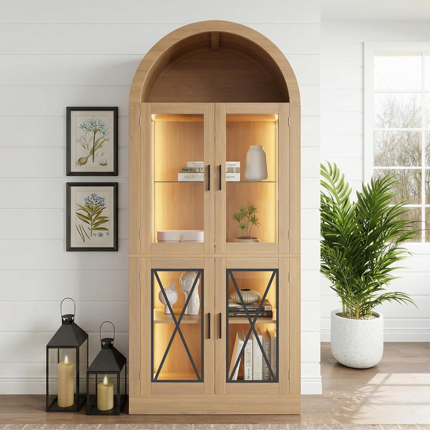 71” Tall Arched Kitchen Pantry with X-Pattern Glass Doors & RGB Lighting, Storage Cabinet Display Cabinet with Adjustable Shelves, Modern Pantry Cabinet for Kitchen, Living Room & Dining Room