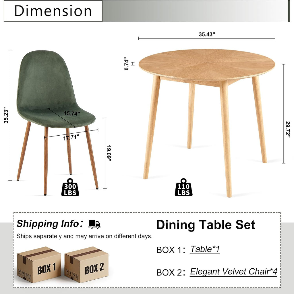 Small Dining Table Set for 4, Modern Round Dining Table with 4 Velvet Dining Chairs in Metal Legs, Easy Assembly for Compact Spaces - Green