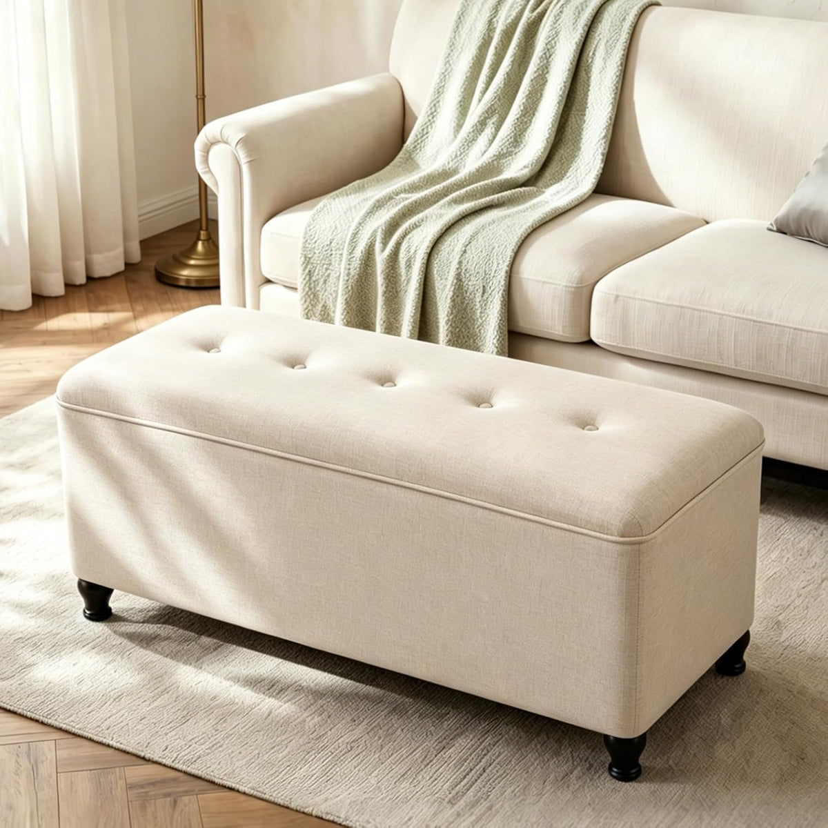 Homebeez 41" Linen Storage Ottoman Bench with Button Tufted Top & Wooden Legs, Upholstered Storage Bench for Bedroom, Entryway, Living Room