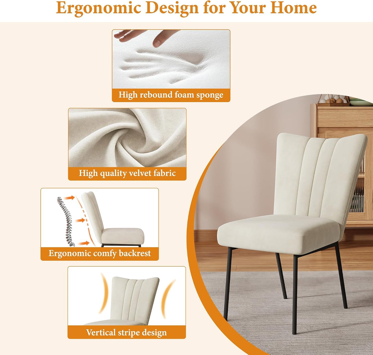 ZckyCine Dining Chairs Set of 4, Upholstered Velvet Kitchen Chairs with Thick Padded Seat and Sturdy Metal Legs, Modern Farmhouse Accent Chairs for Dining Room, Living Room, Waiting Room